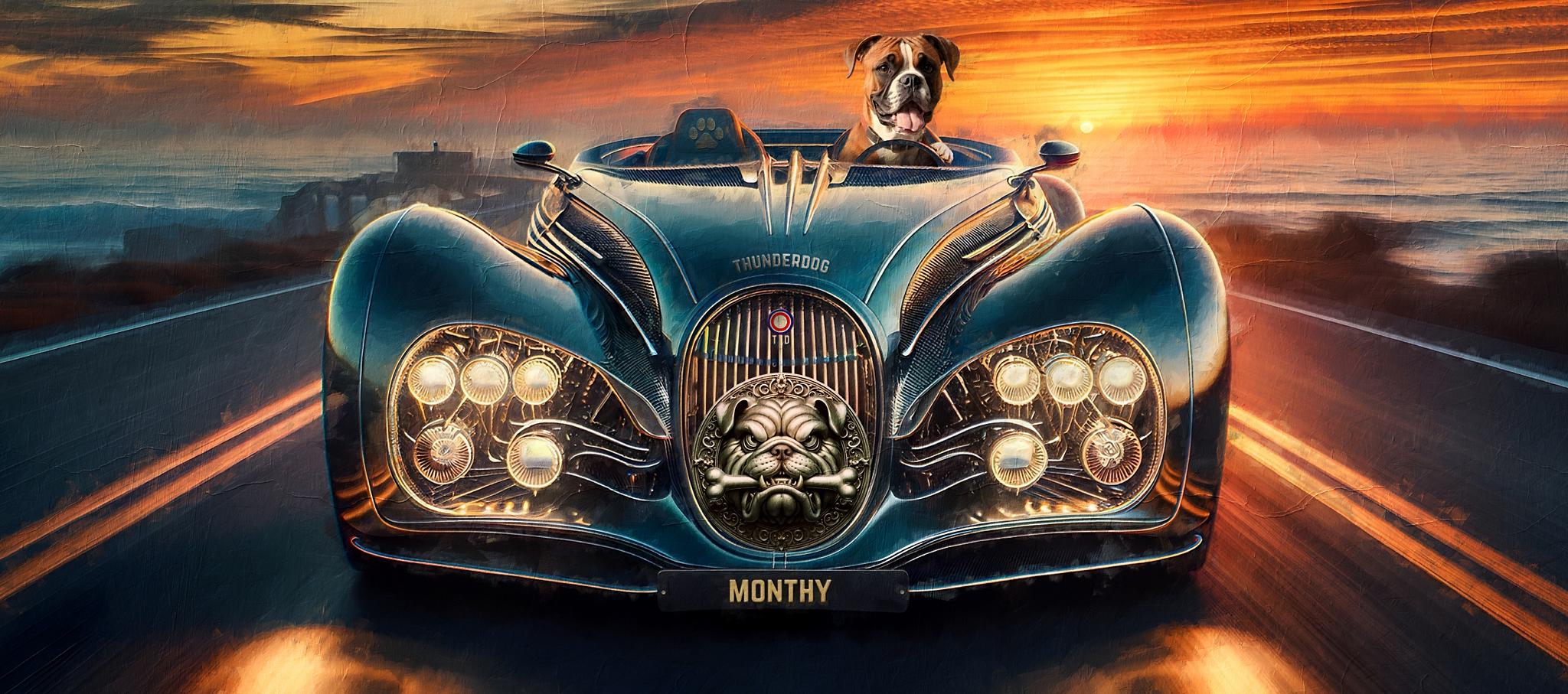 a cool dog driving a convertible - by Dog Gang